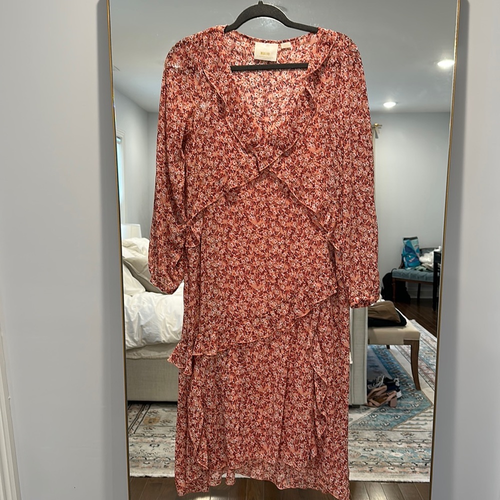 Maeve Pink Floral Ruffle Midi Dress XS